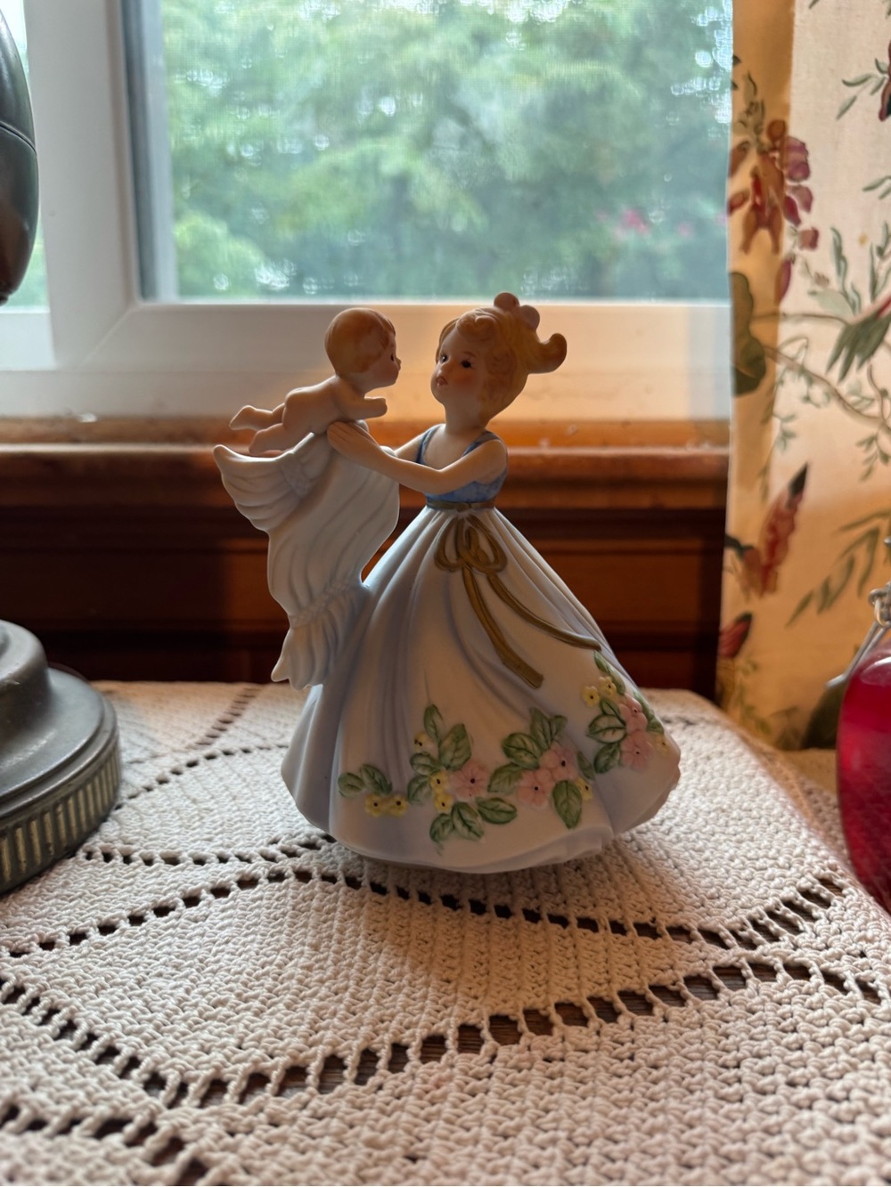 Vintage Josef Original, Mother & Baby Working Music Box Figurine, Blue Dress
